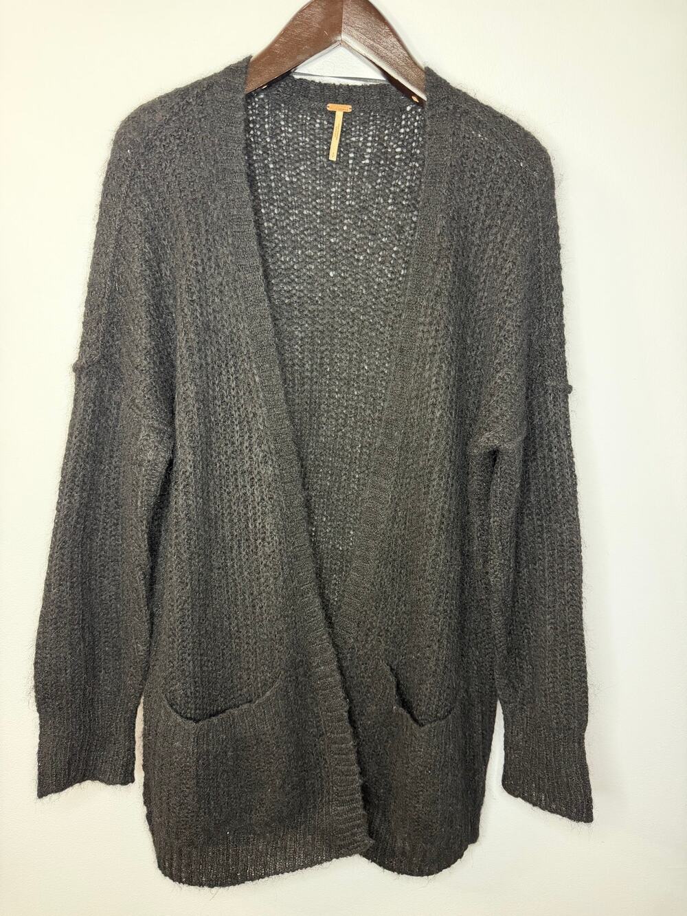 Free People Alpaca Long Open Front Sweater Black Relax Fuzzy Women's S